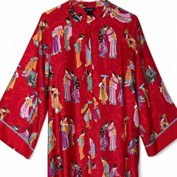 Natori Women’s L Red Poly-Satin With Colorful Figures Half-Zip Robe/Caftan - Picture 4 of 12
